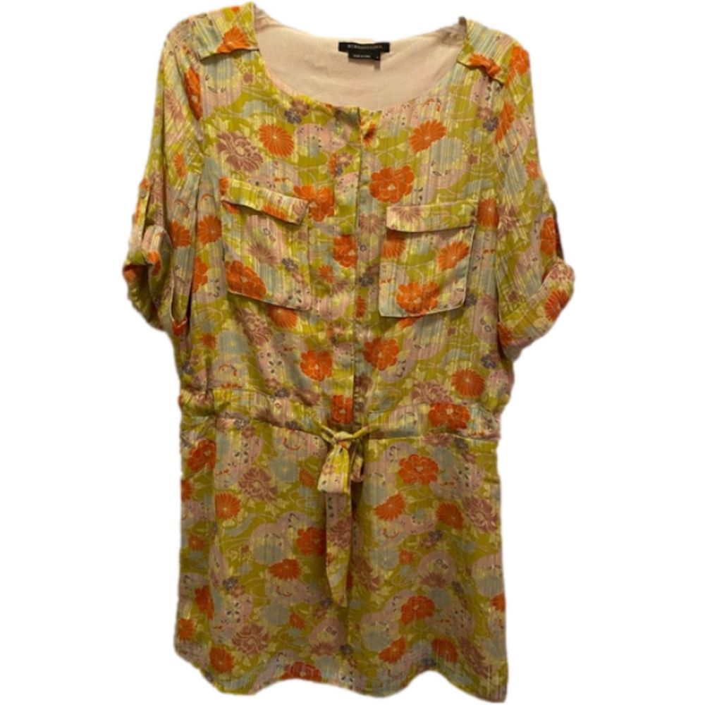 BCBGMAXAZRIA Floral Utility Shirt Dress Roll Tab Sleeve Tie Waist Medium M